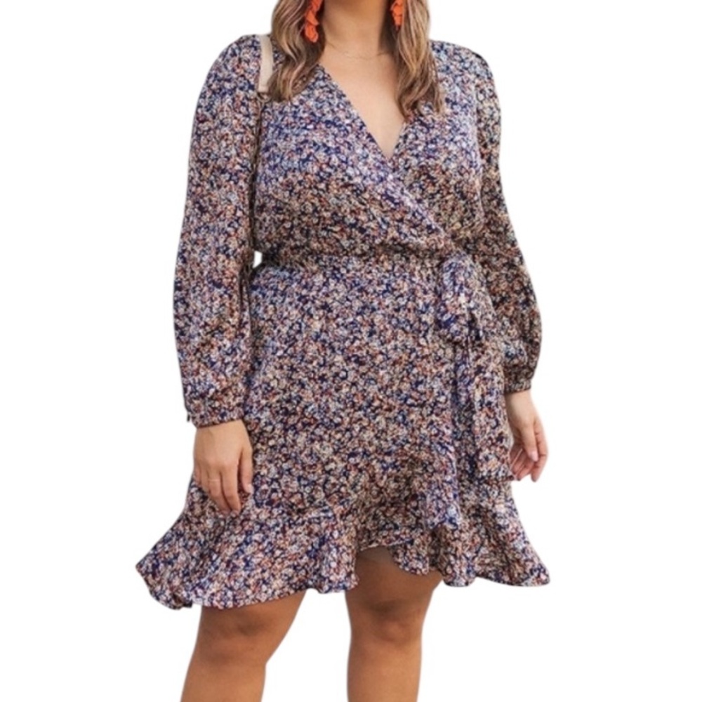 Caralyn MirandThe Drop Ditsy Floral Faux Wrap Dress with Ruffle Hem L